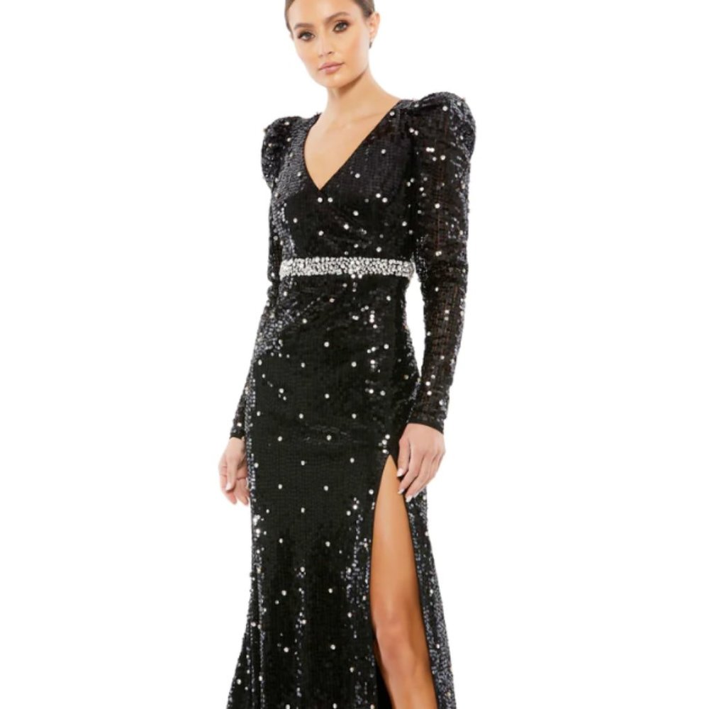 MAC DUGGAL 10736 SEQUINED FAUX WRAP PUFF SLEEVE TRUMPET BLACK GOWN sz 6